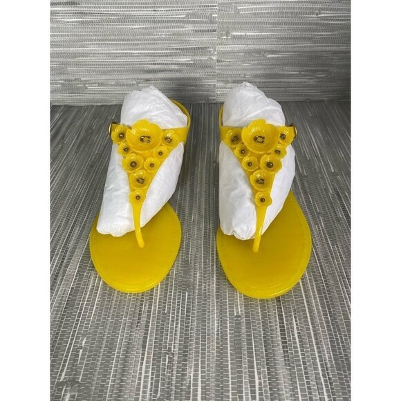 Coach Womens Trmulti Jelly T-Strap Sandals Yellow Buckle Flat Heel 5 B New - Picture 4 of 9